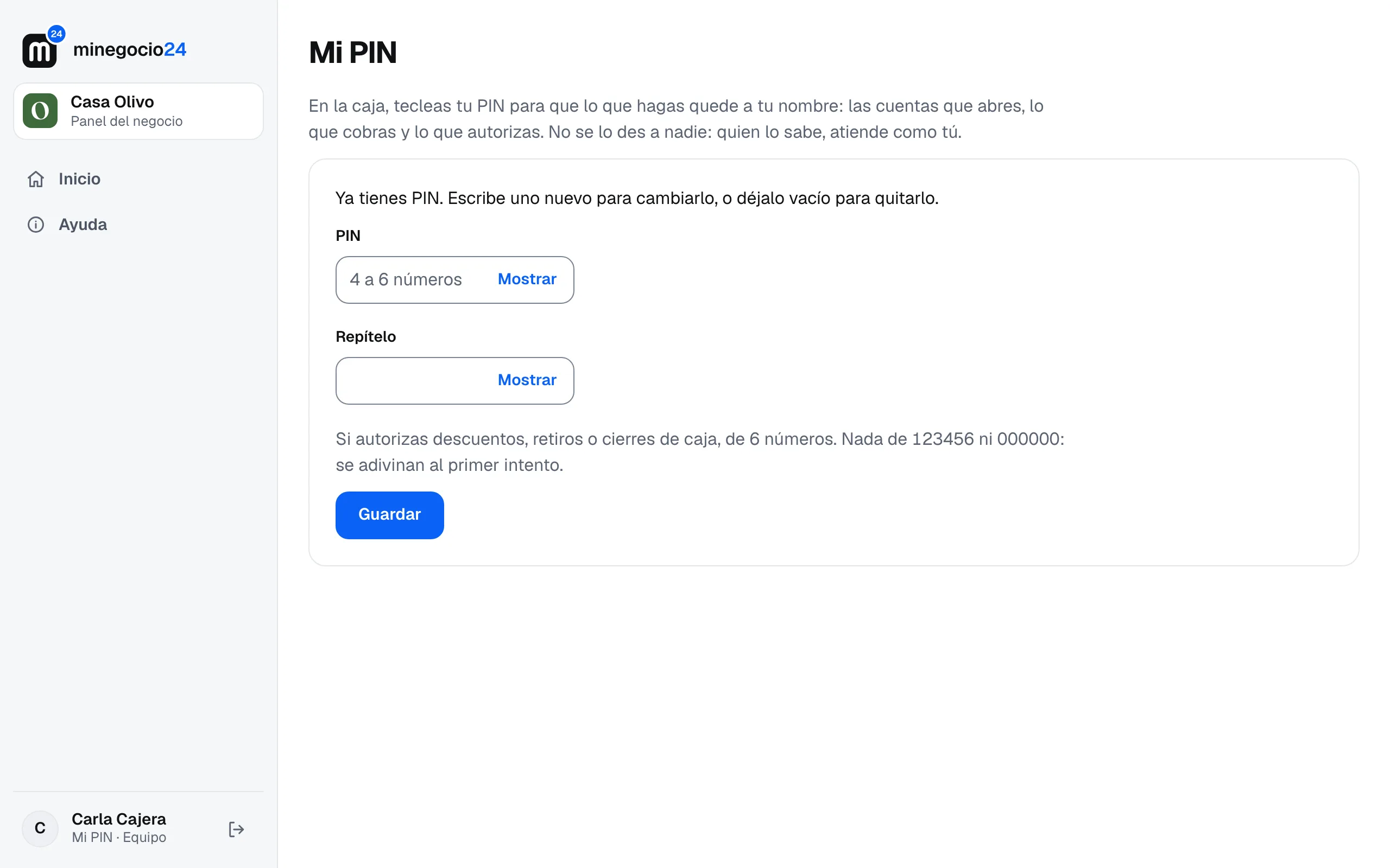 La pantalla Mi PIN en el panel de Carla Cajera, con el campo para escribir un PIN nuevo y el botón Guardar