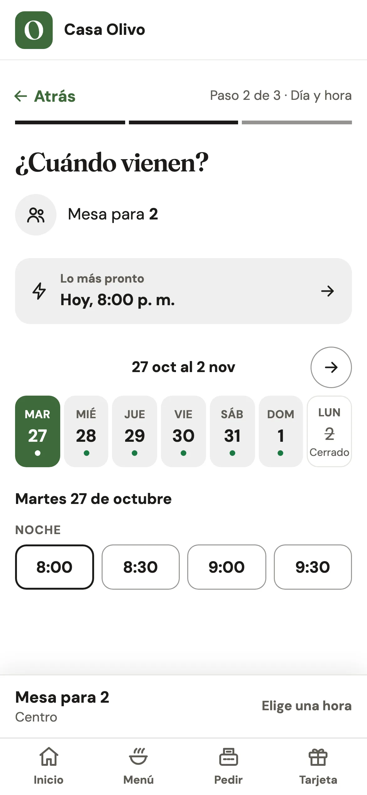 El paso de día y hora para una mesa de 2 en el celular