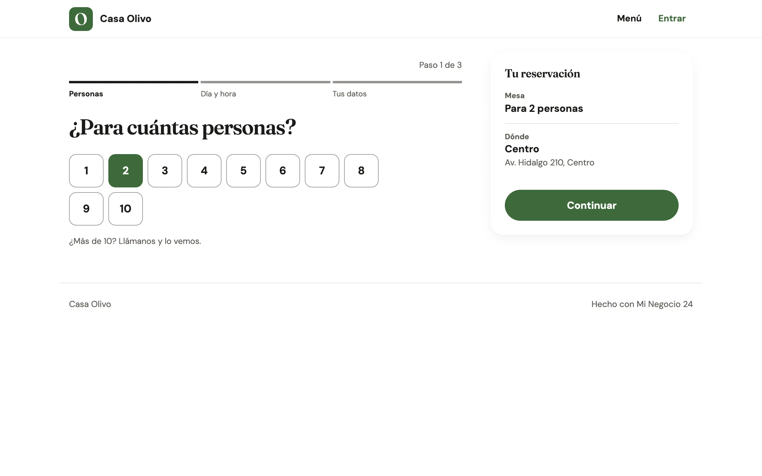 El paso ¿Para cuántas personas? del sitio de Casa Olivo, con los números del 1 al 10 y el resumen de la reservación