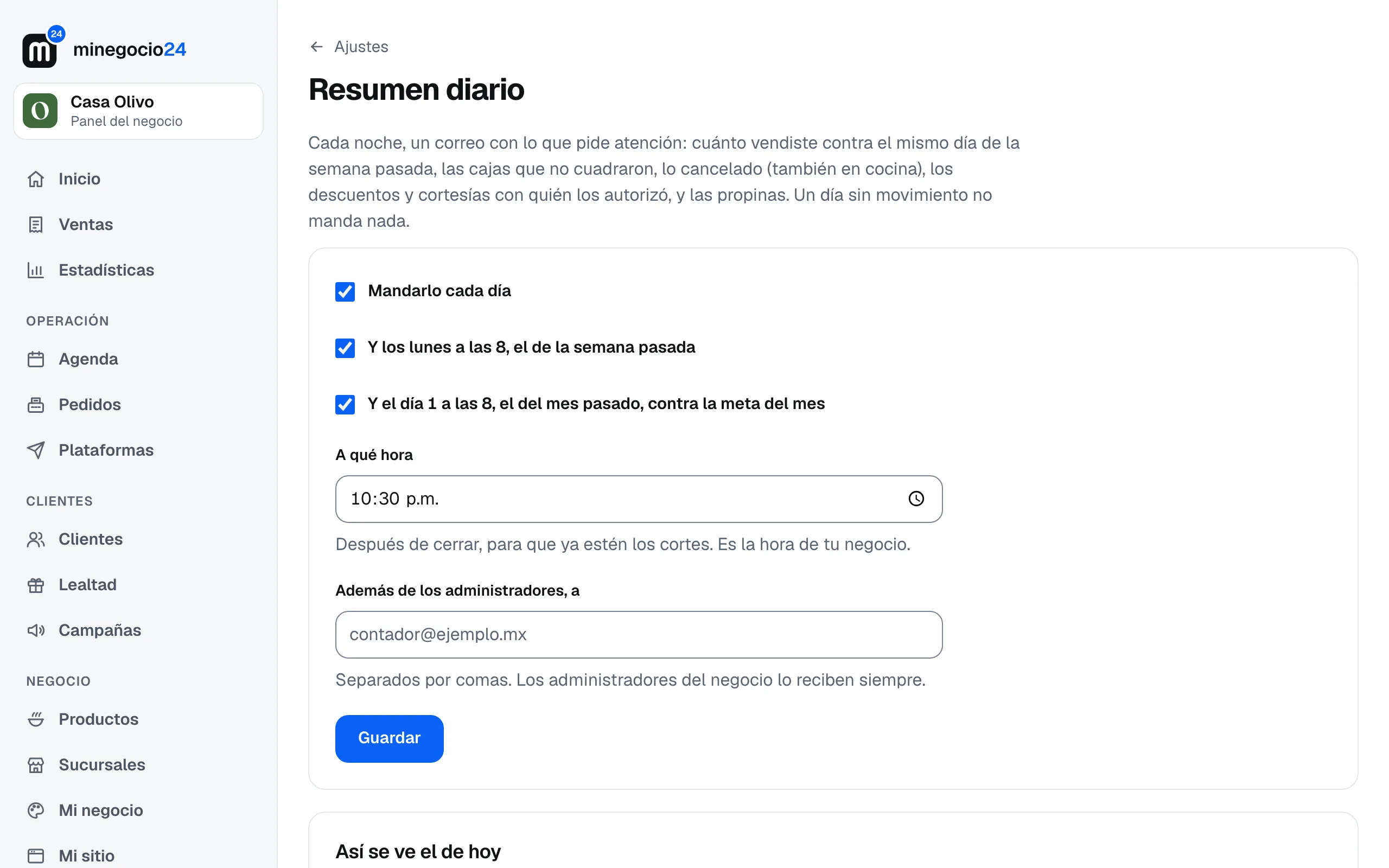 La pantalla Resumen diario con las casillas para mandarlo cada día, los lunes y el día 1, la hora y a quién más le llega