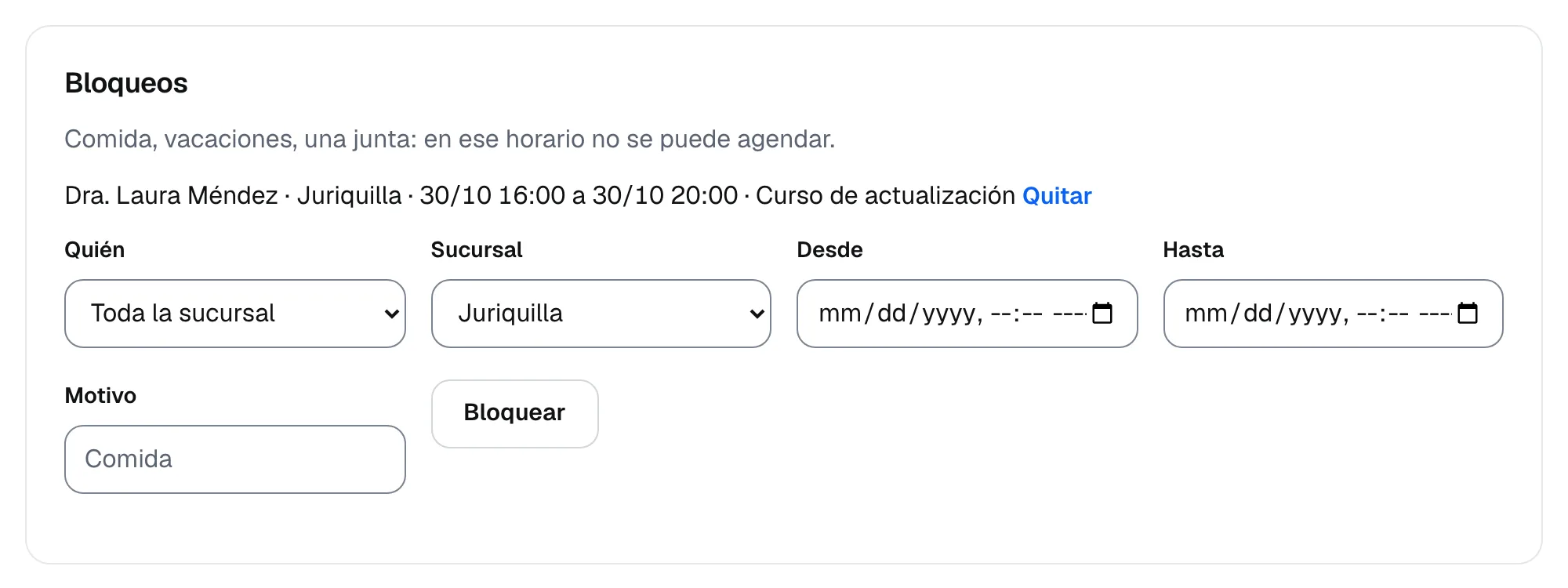 La sección Bloqueos con un bloqueo de la Dra. Laura Méndez el viernes de 16:00 a 20:00 por un curso de actualización, y el formulario para agregar otro