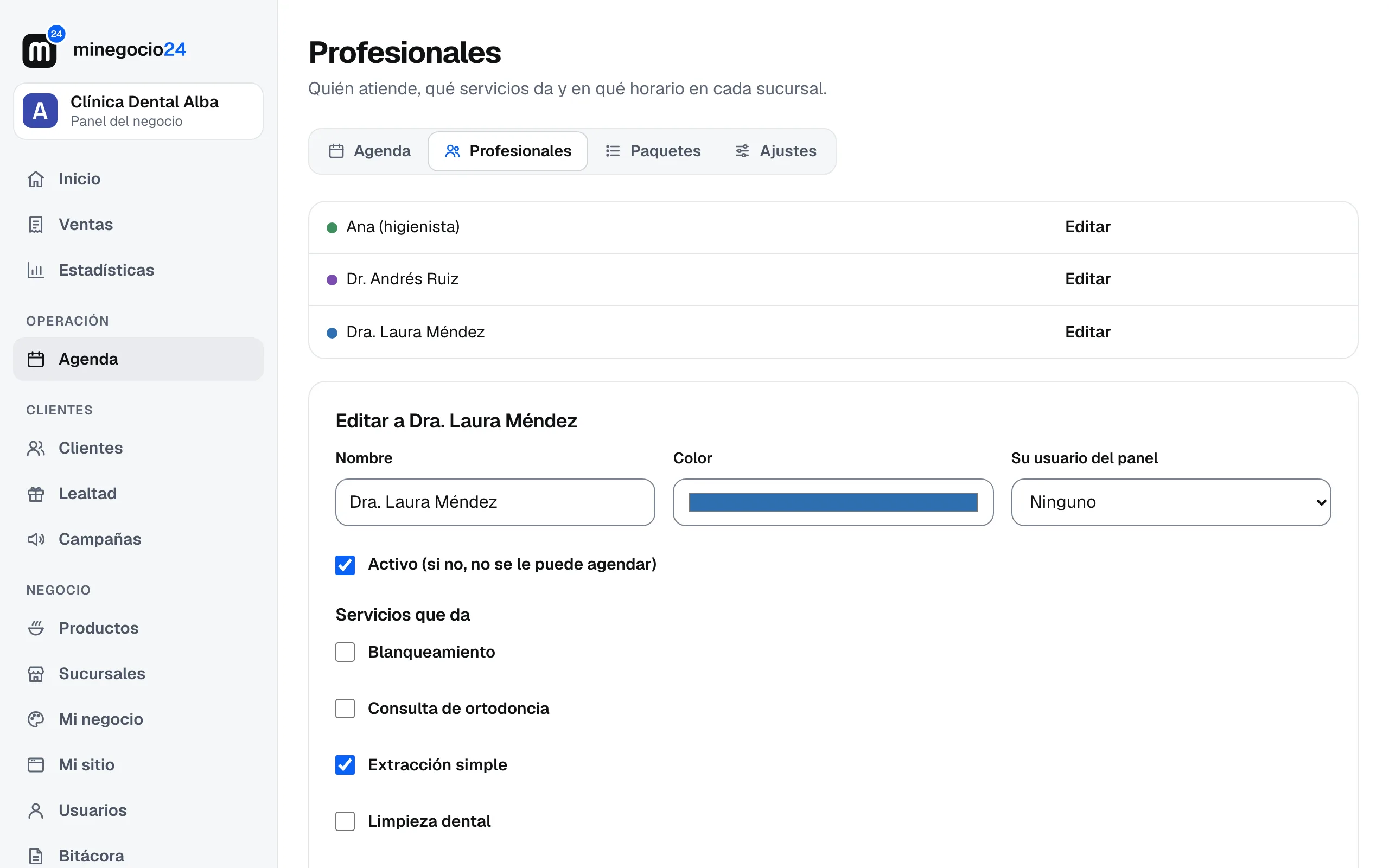 La pestaña Profesionales con Ana (higienista), Dr. Andrés Ruiz y Dra. Laura Méndez, y el formulario para editar a la doctora con sus servicios marcados