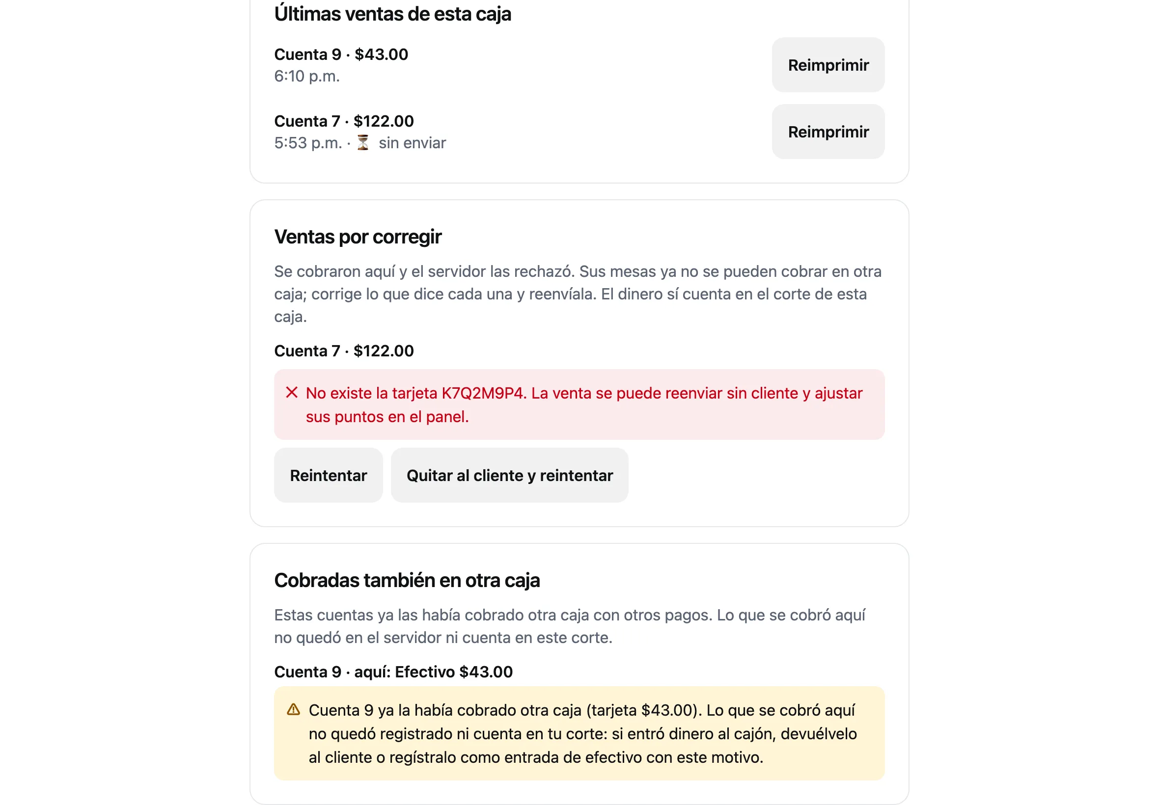 La pantalla Caja con Ventas por resolver, una venta rechazada por la tarjeta del cliente, y abajo Cobradas también en otra caja