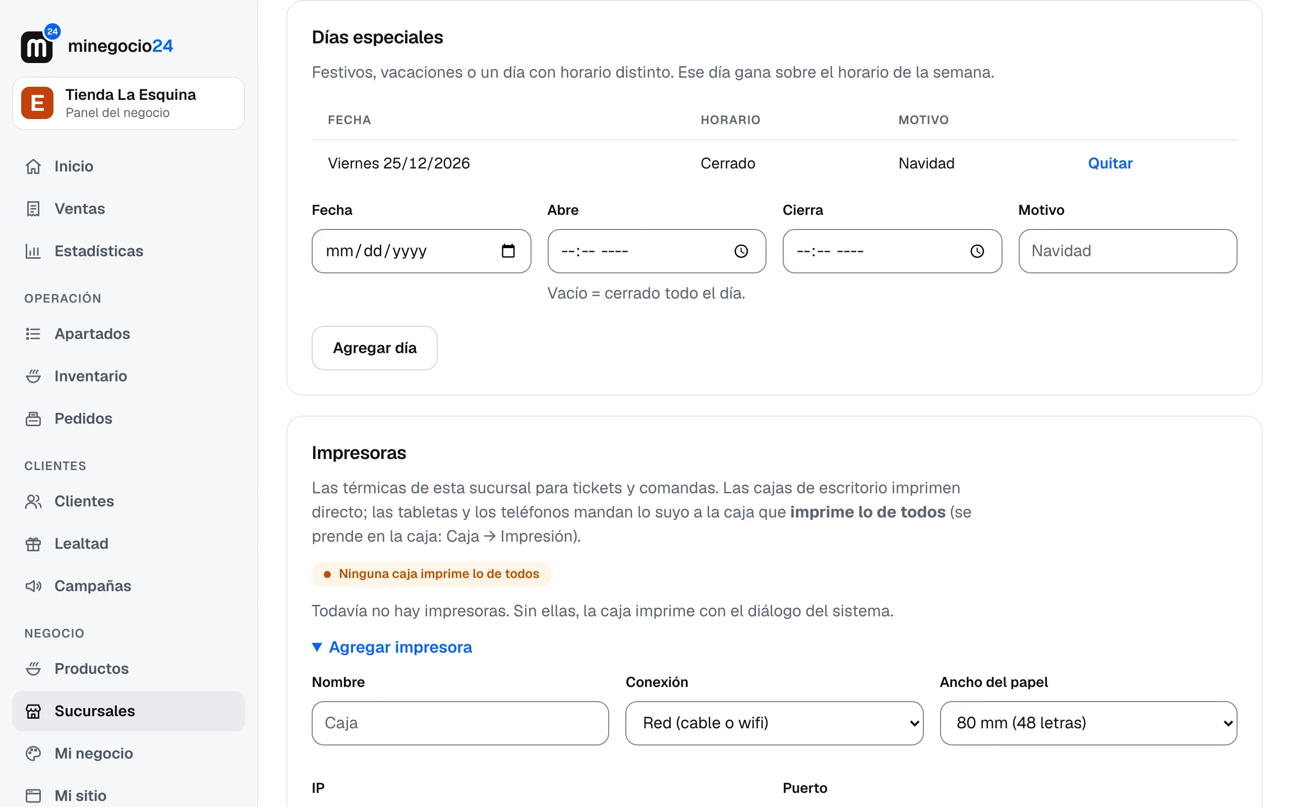 Días especiales con el viernes 25 de diciembre cerrado por Navidad y el formulario para agregar otro