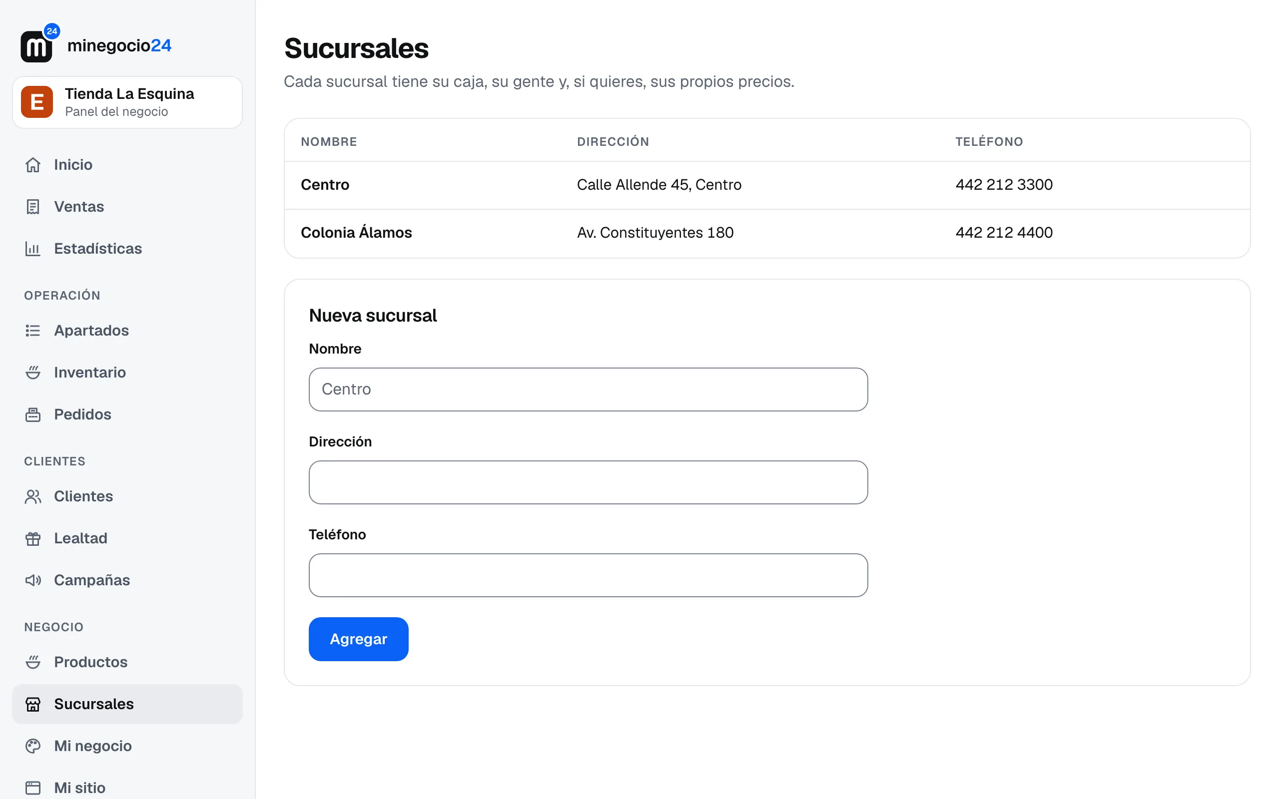 La lista de sucursales de Tienda La Esquina: Centro y Colonia Álamos, con su dirección y teléfono