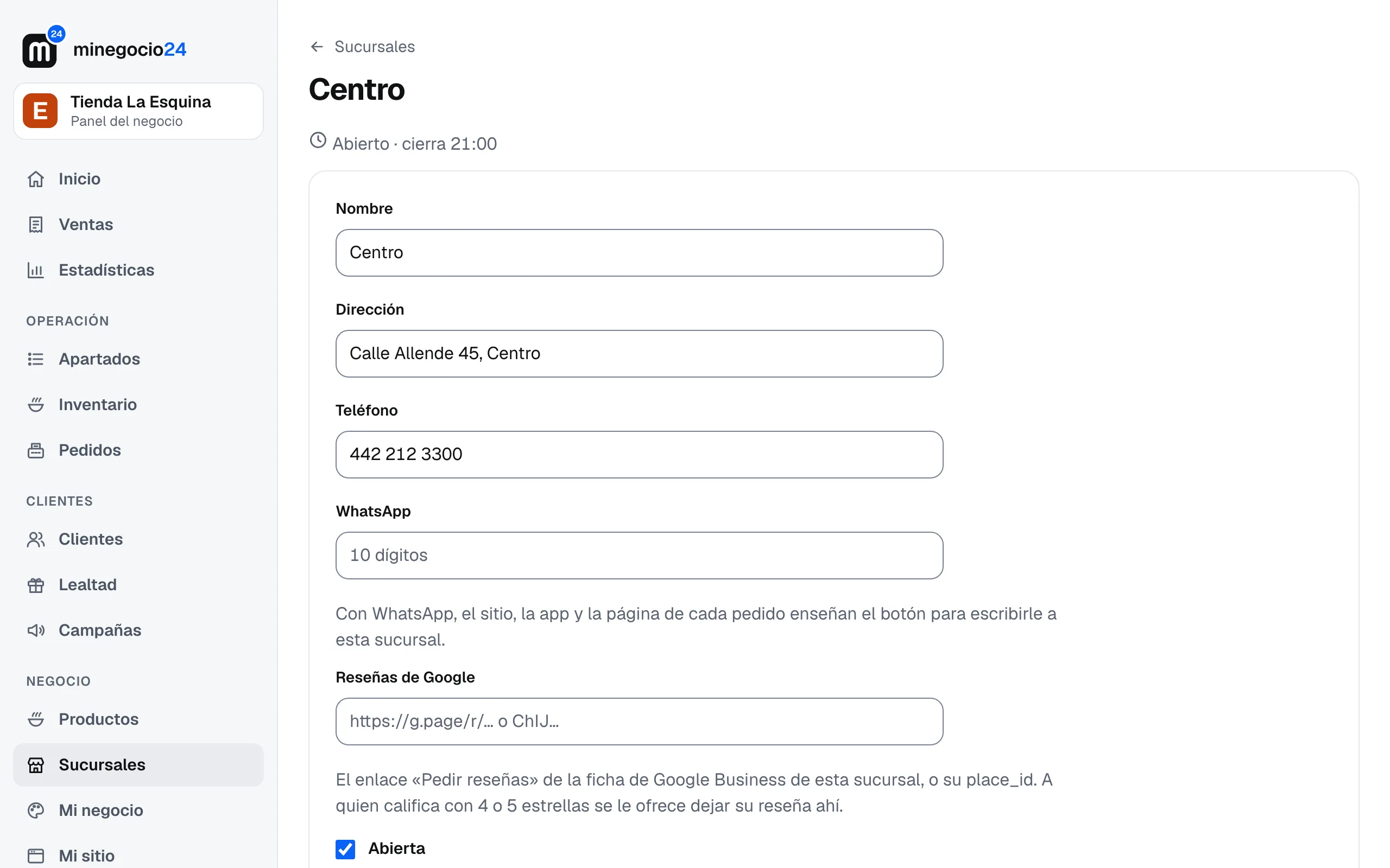 La sucursal Centro con su nombre, dirección, teléfono, WhatsApp, Reseñas de Google y la casilla Abierta