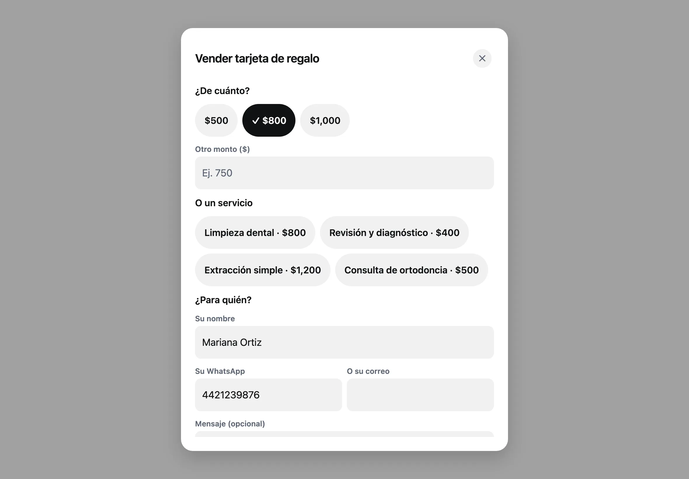 La caja con la ventana Vender tarjeta de regalo: montos de 500, 800 y 1,000 pesos, servicios, para quién, mensaje y cuándo le llega