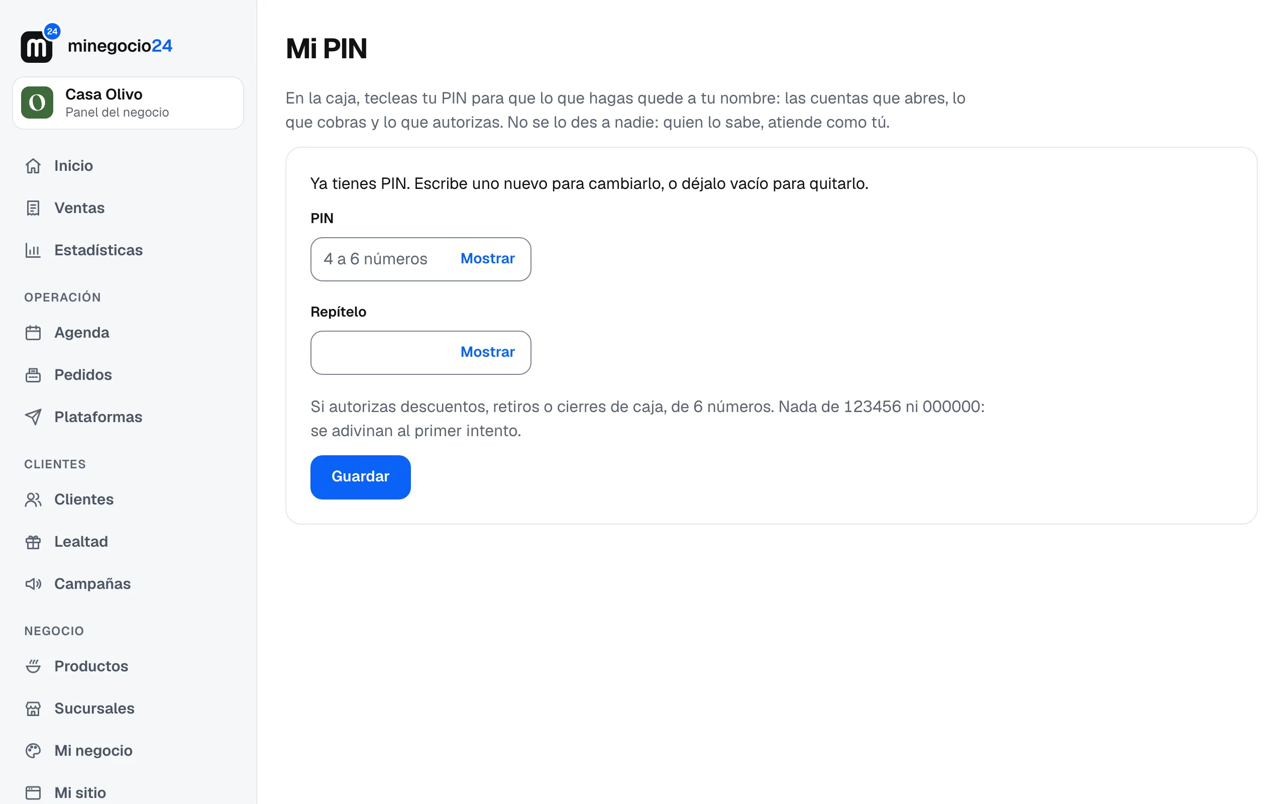 La pantalla Mi PIN con el campo PIN y la nota de 6 números para quien autoriza descuentos, retiros o cierres