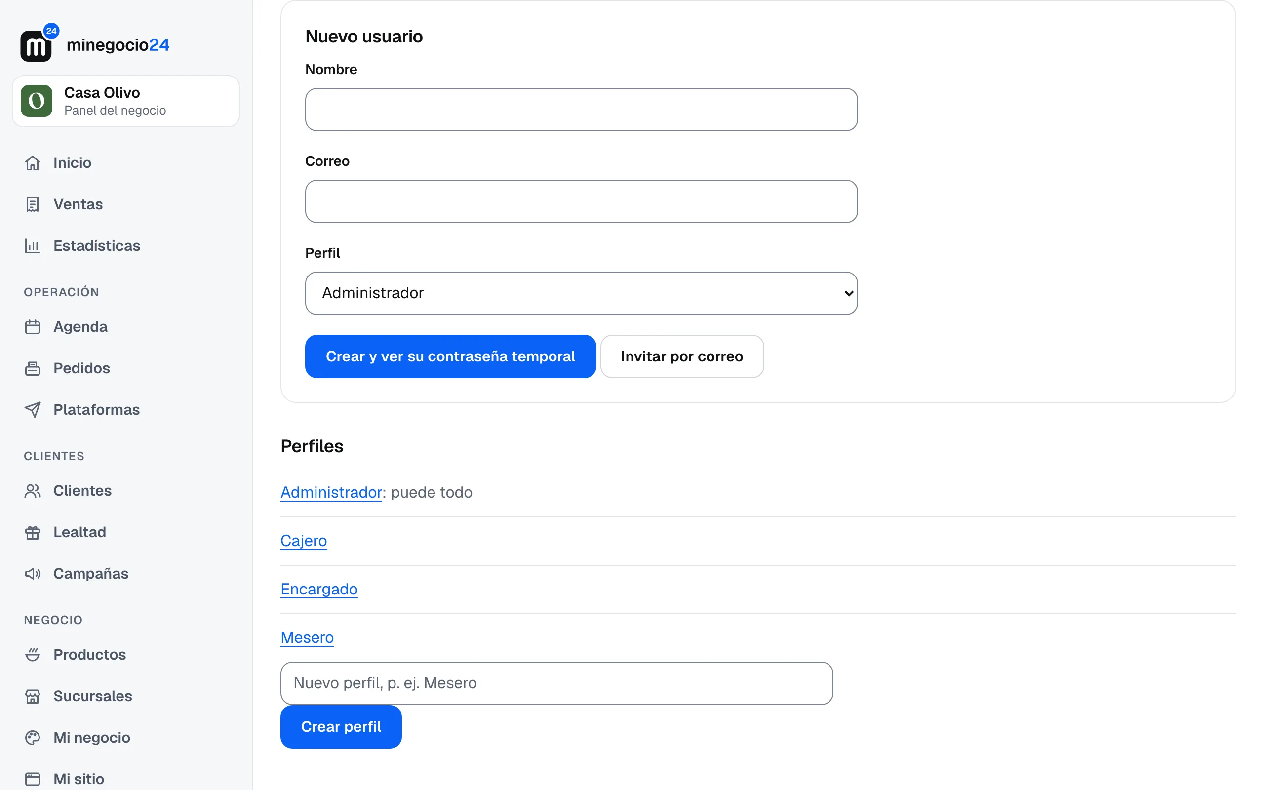 El formulario Nuevo usuario con los botones Crear y ver su contraseña temporal e Invitar por correo, y la lista de perfiles
