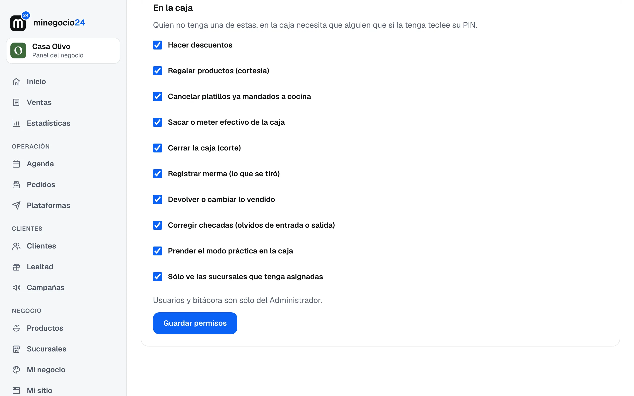 La lista En la caja del perfil Encargado con sus permisos marcados y la casilla Sólo ve las sucursales que tenga asignadas