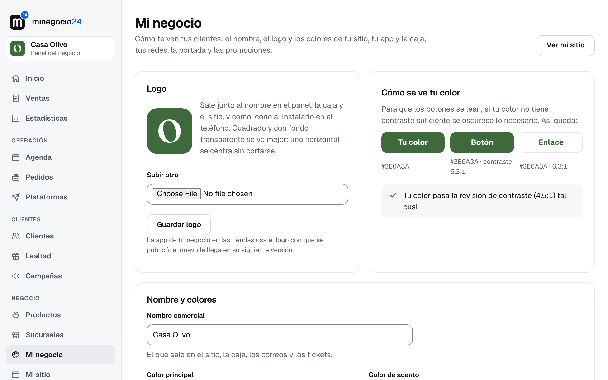 La pantalla Mi negocio de Casa Olivo con su logo, la revisión de su color y el nombre comercial