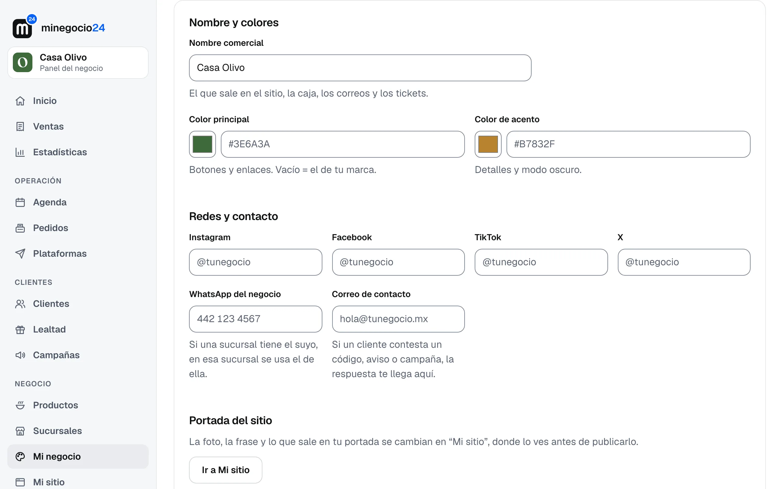 Los campos Nombre comercial, Color principal, Color de acento, redes sociales, WhatsApp y Correo de contacto
