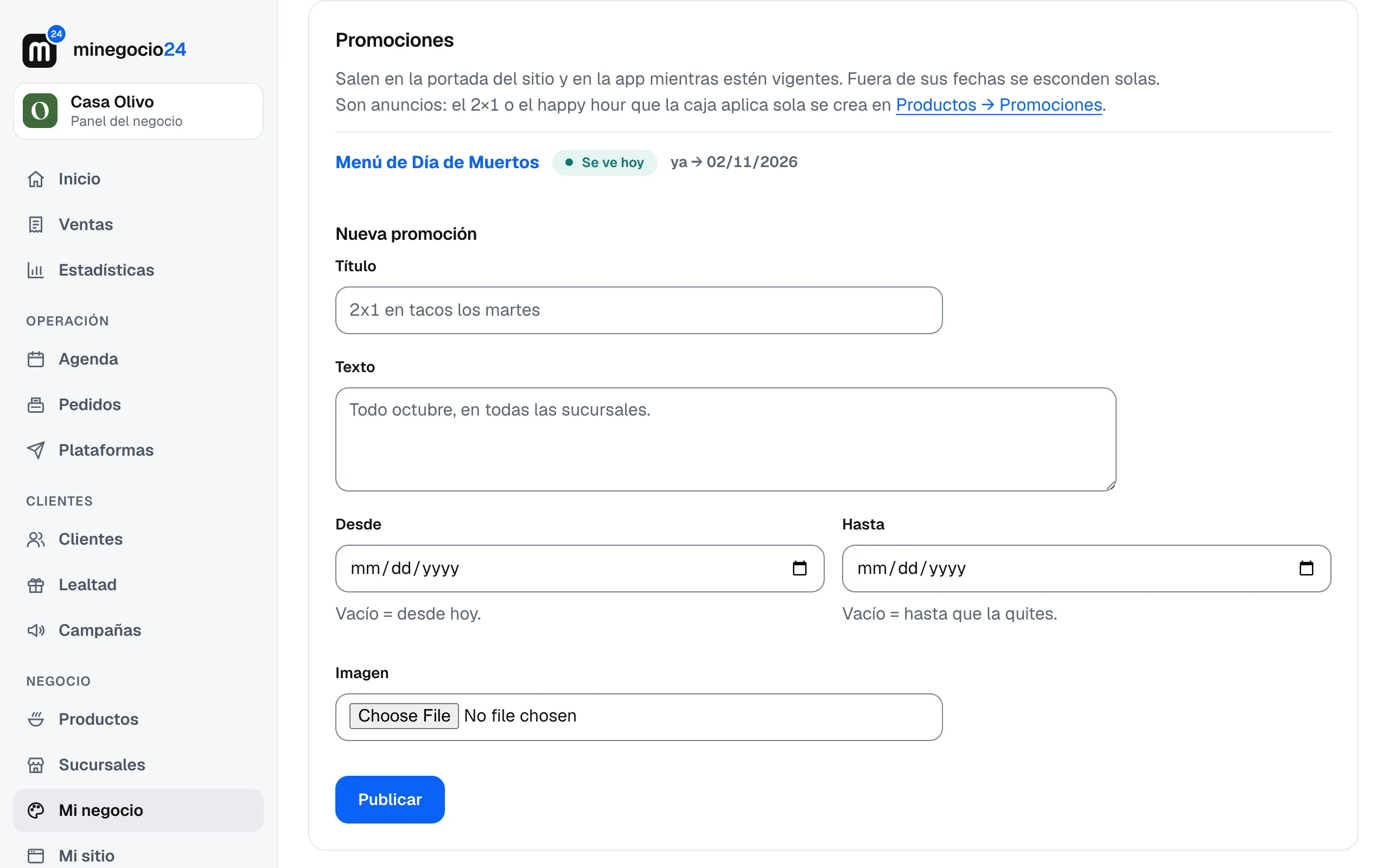 La lista de promociones con Menú de Día de Muertos marcada Se ve hoy, y el formulario Nueva promoción