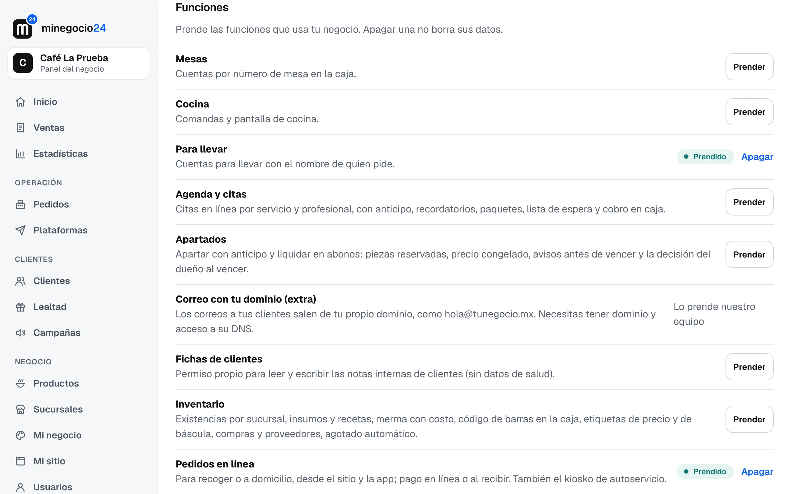 La lista de módulos con Para llevar y Pedidos en línea prendidos y el botón Prender en las demás