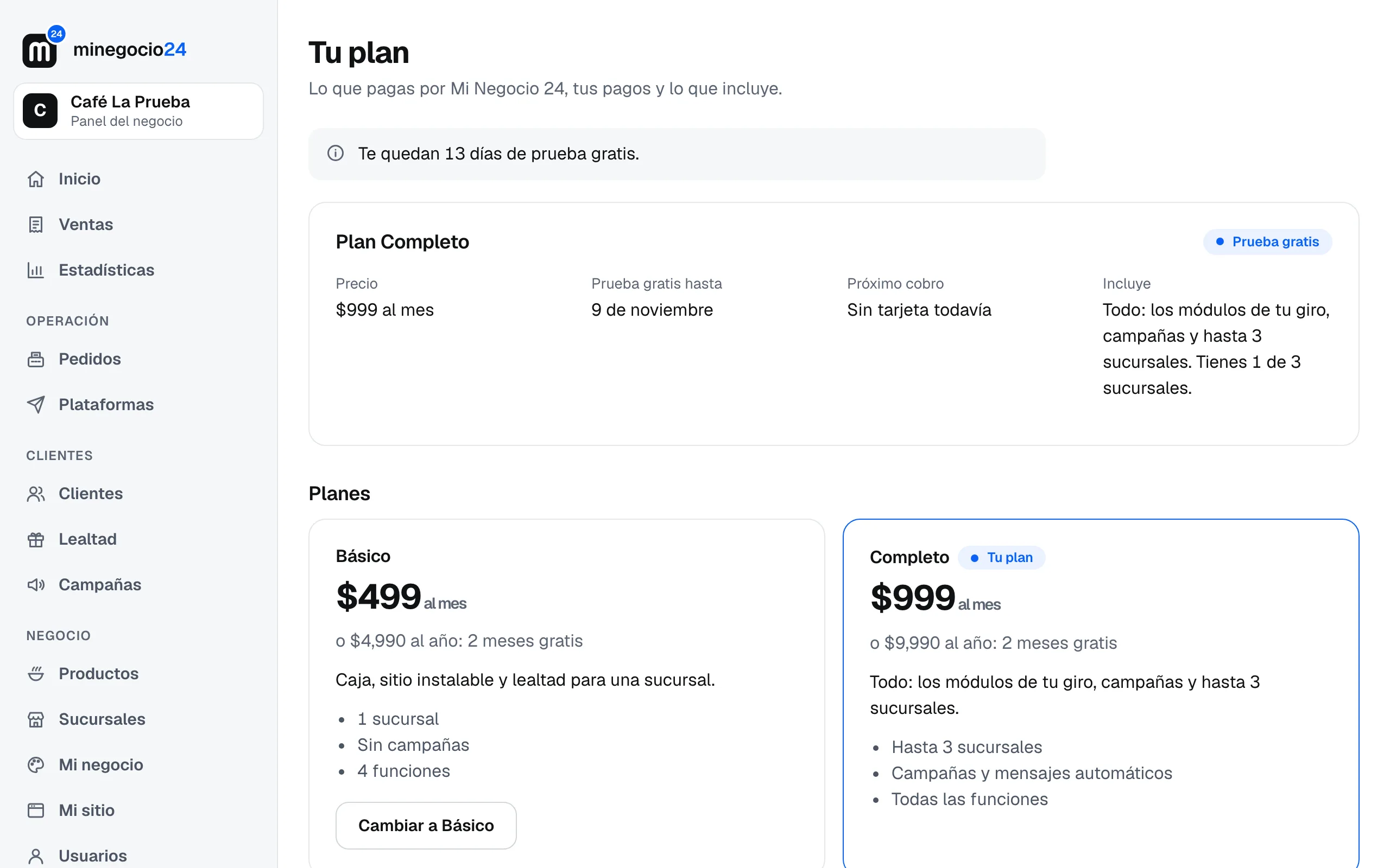 La pantalla Tu plan de Café La Prueba: plan Completo en prueba gratis, $999 al mes, prueba gratis hasta el 9 de noviembre y lo que incluye
