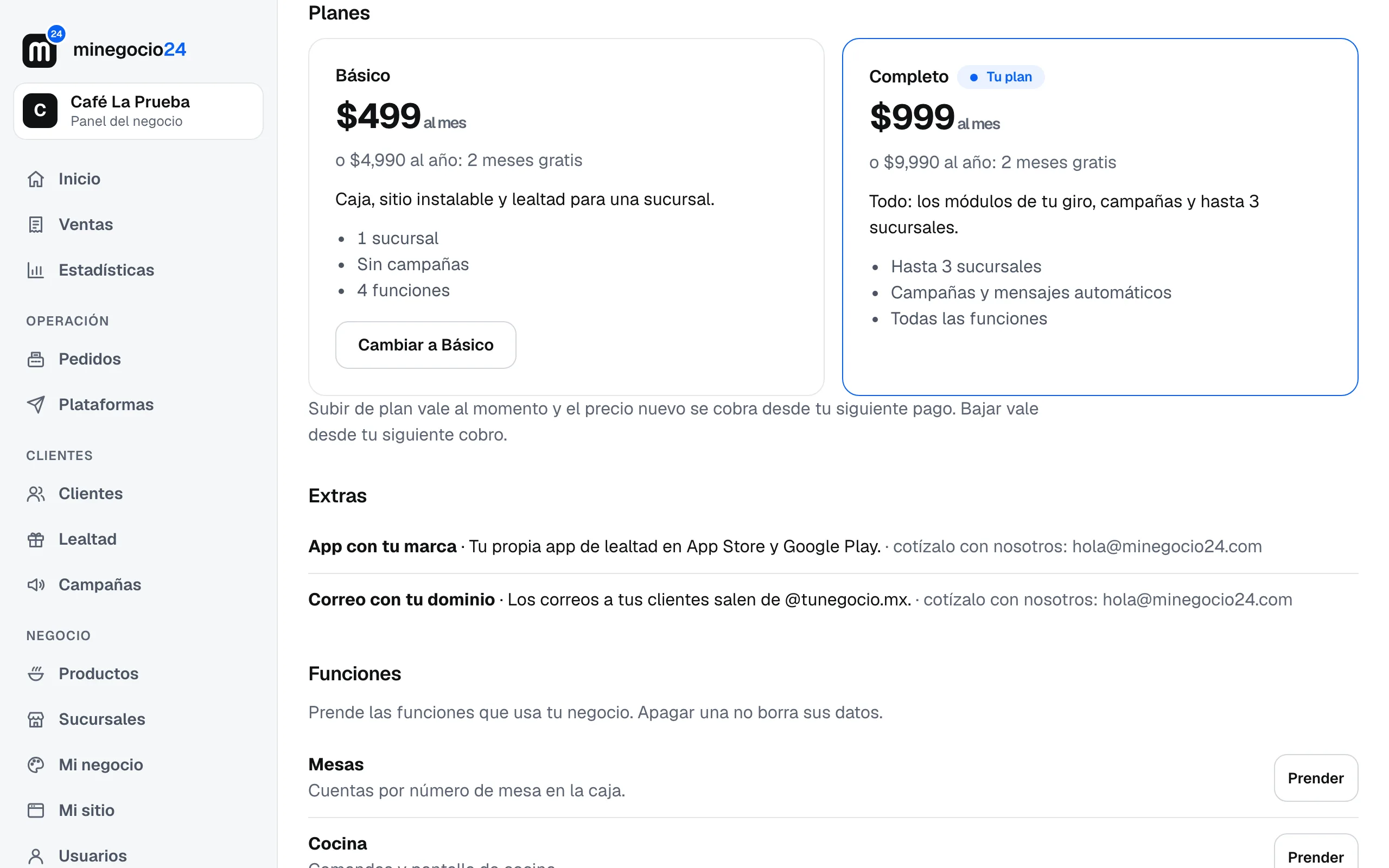 Los planes Básico y Completo con su precio al mes y al año, lo que incluye cada uno y el botón Cambiar a Básico