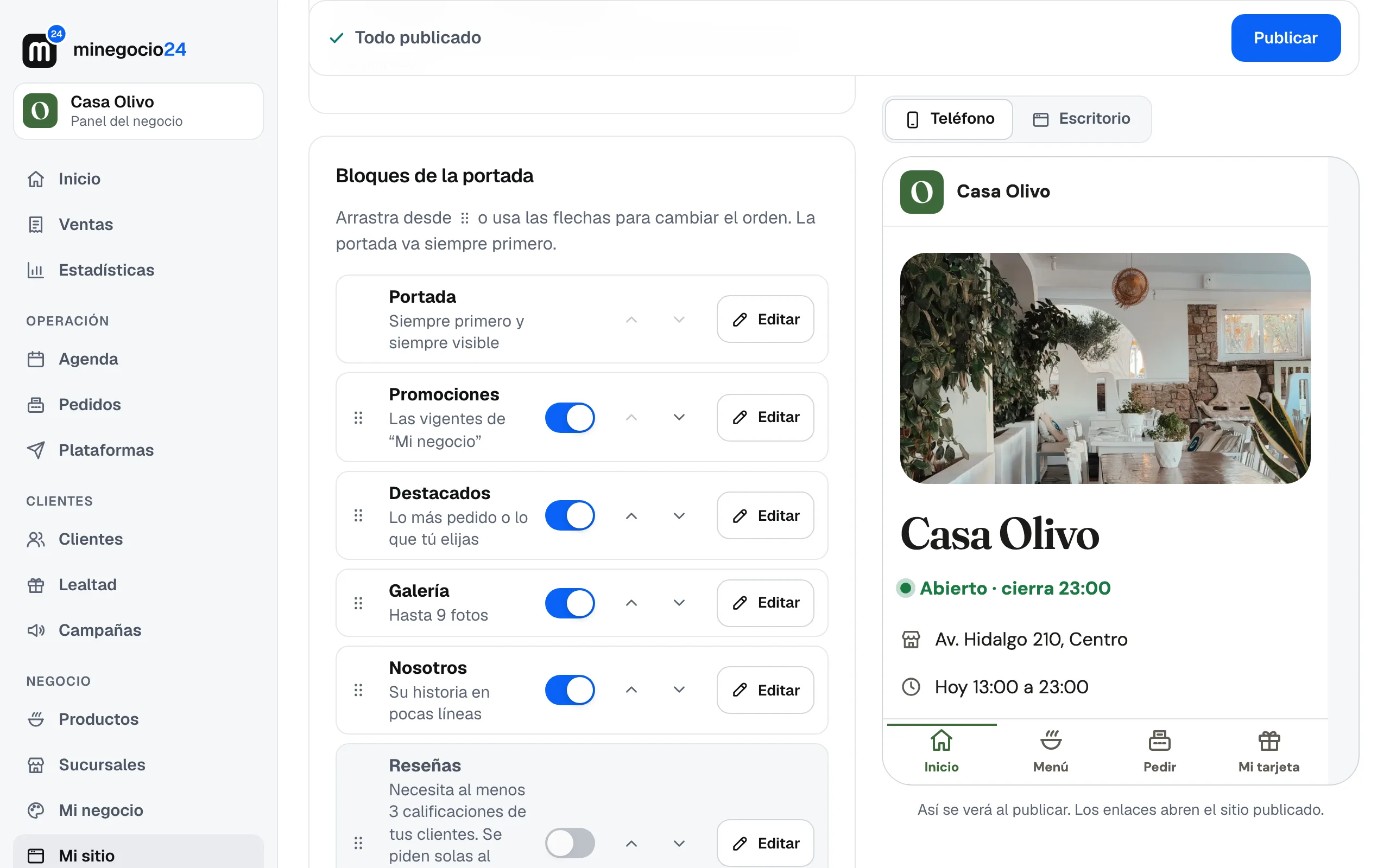 Los bloques de la portada de Casa Olivo con su interruptor, sus flechas y el botón Editar; a la derecha la vista previa en teléfono