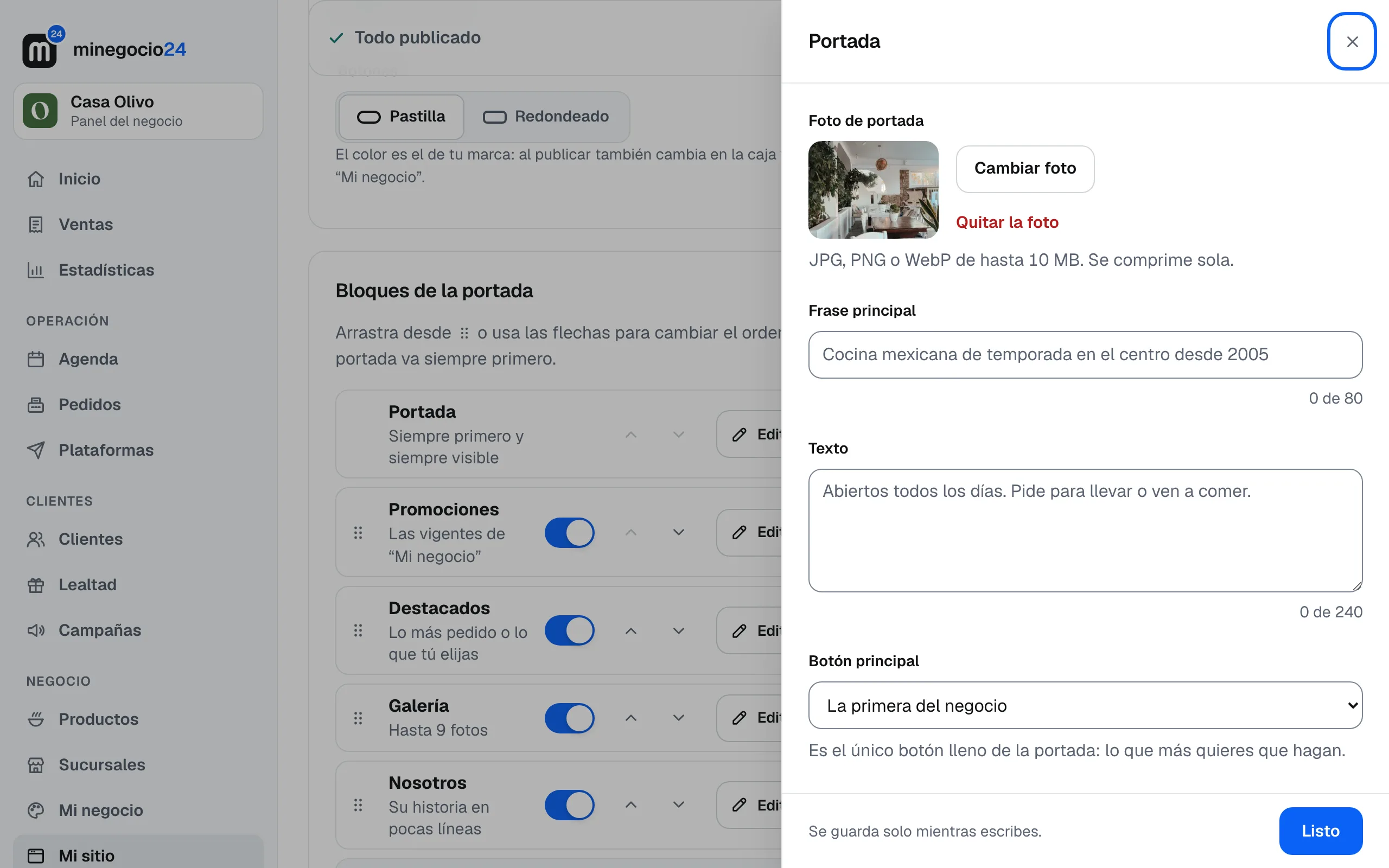 La hoja para editar la Portada: foto, frase principal, texto y botón principal