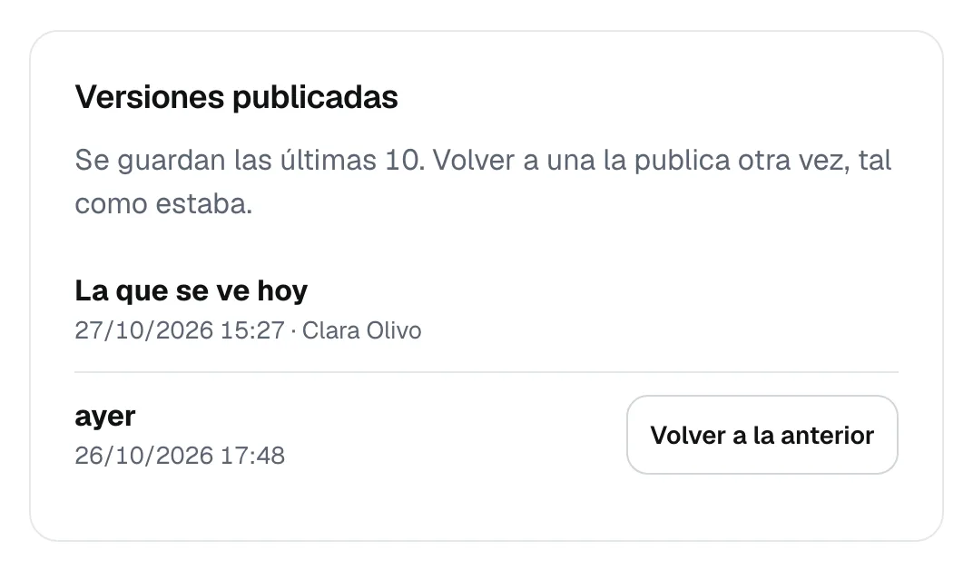 Versiones publicadas: la que se ve hoy y una anterior, con el botón Volver a la anterior