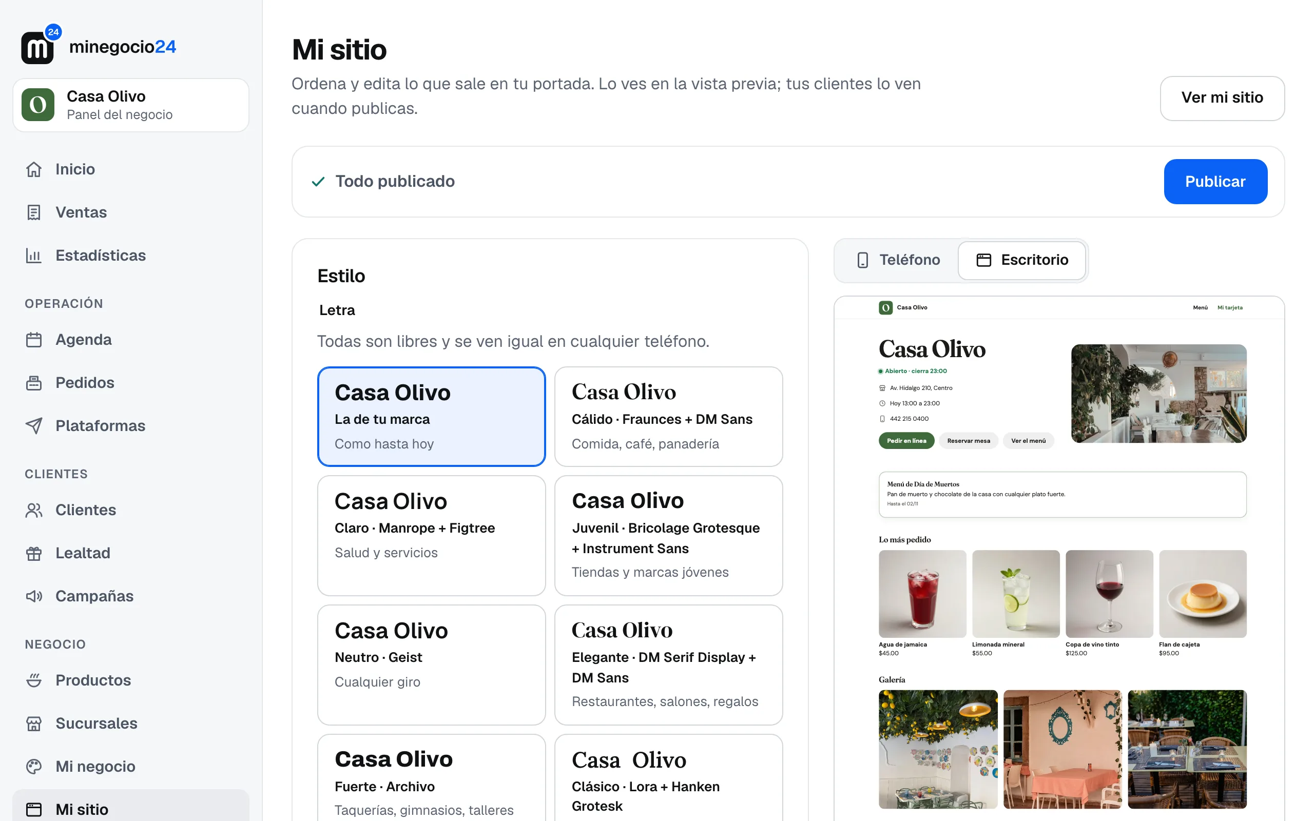 La vista previa en Escritorio: la portada de Casa Olivo con su foto, lo más pedido y la galería