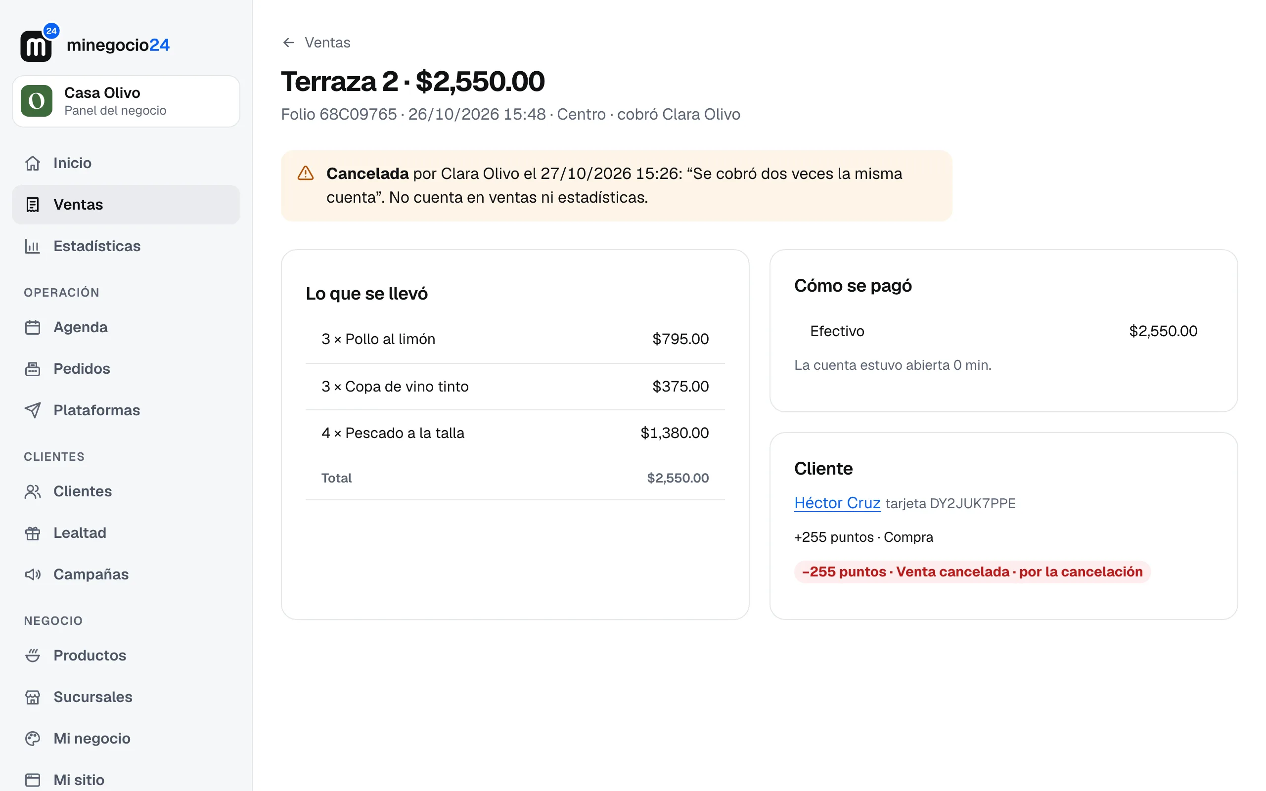 Una venta cancelada, con el aviso de quién la canceló, el motivo y los puntos que se le quitaron al cliente