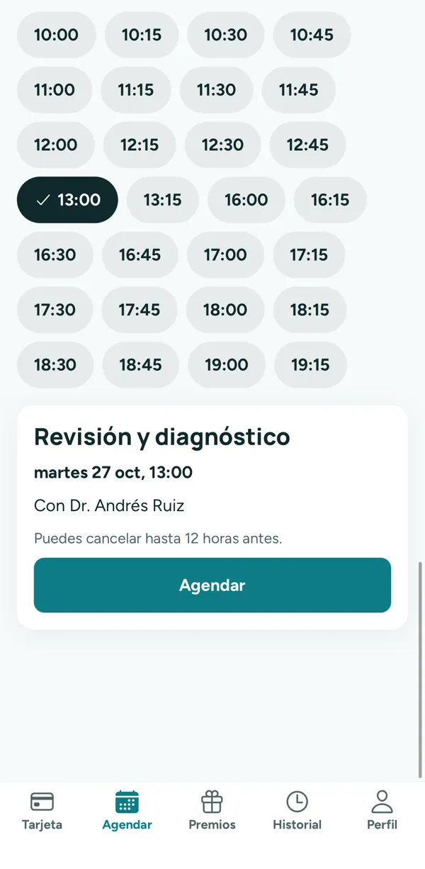 La app de un consultorio dental: una cita confirmada con el Dr. Andrés Ruiz el martes a la 1 de la tarde.