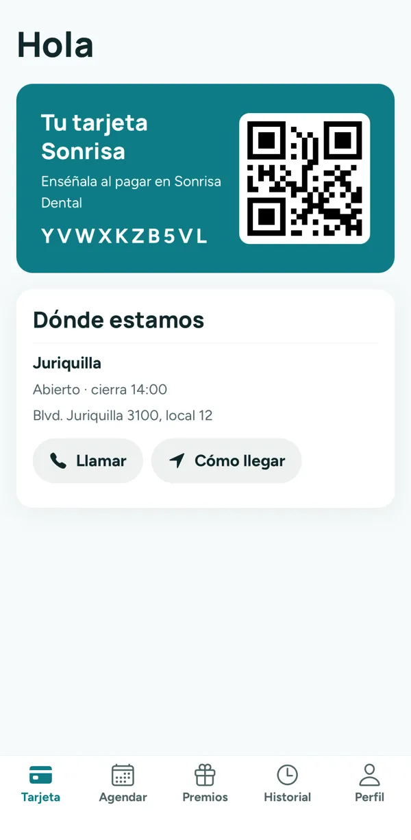App de un consultorio dental, en blanco y verde azulado, con su tarjeta y su sucursal.
