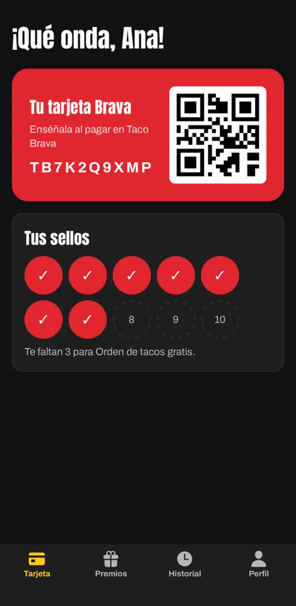La app de la taquería con su tarjeta de sellos: le faltan 3 para una orden de tacos gratis.