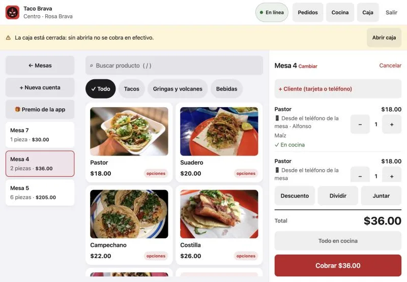 La caja de una taquería: platillos con foto a la izquierda y la cuenta de la mesa 4 a la derecha, con el botón Cobrar $36.00.