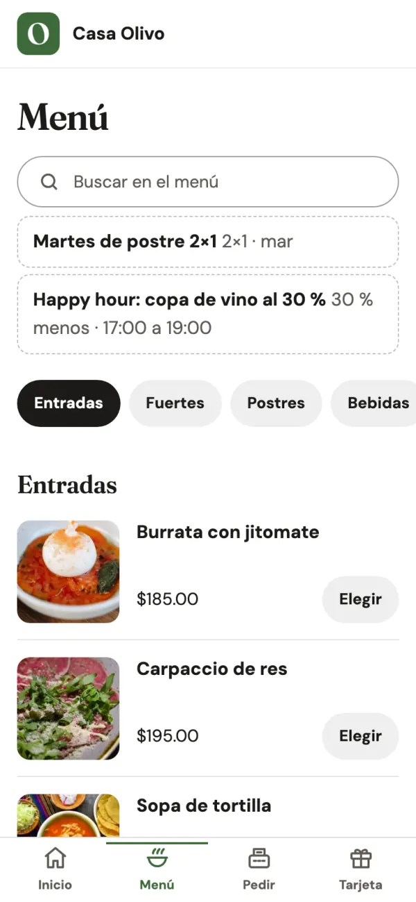 El menú de Casa Olivo en el teléfono: promociones del día y entradas con foto, precio y botón Elegir.