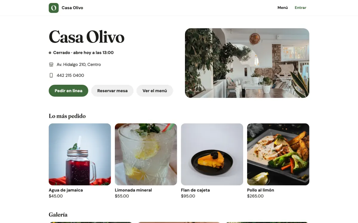 El sitio de Casa Olivo con los botones Pedir en línea, Reservar mesa y Ver el menú.