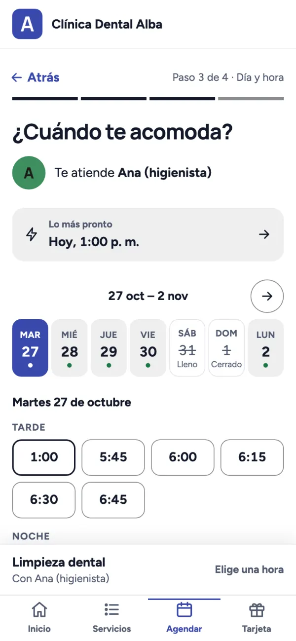 La agenda de Clínica Dental Alba en el teléfono: los días de la semana y las horas libres.