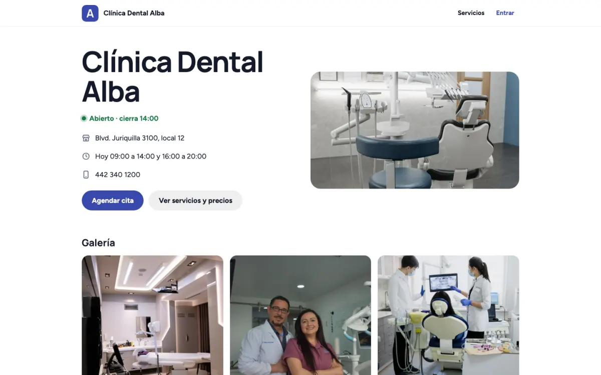 El sitio de Clínica Dental Alba: abierto, la dirección, el horario y el botón Agendar cita.