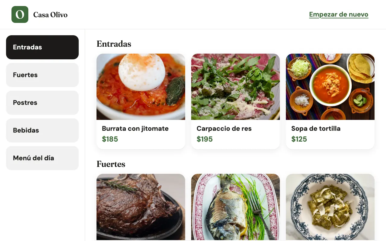 El kiosko de Casa Olivo: categorías a la izquierda y platillos con foto y precio.
