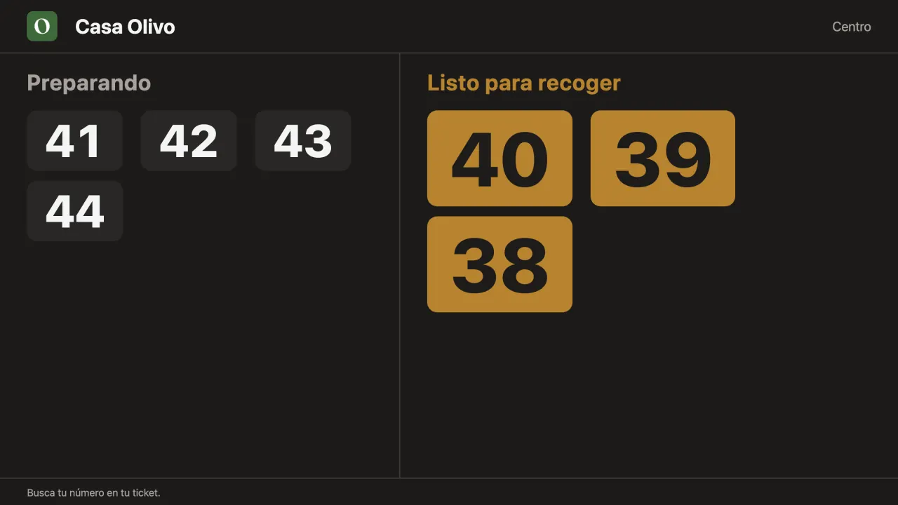 La pantalla de órdenes: los números 41 a 44 preparando y 38, 39 y 40 listos para recoger.