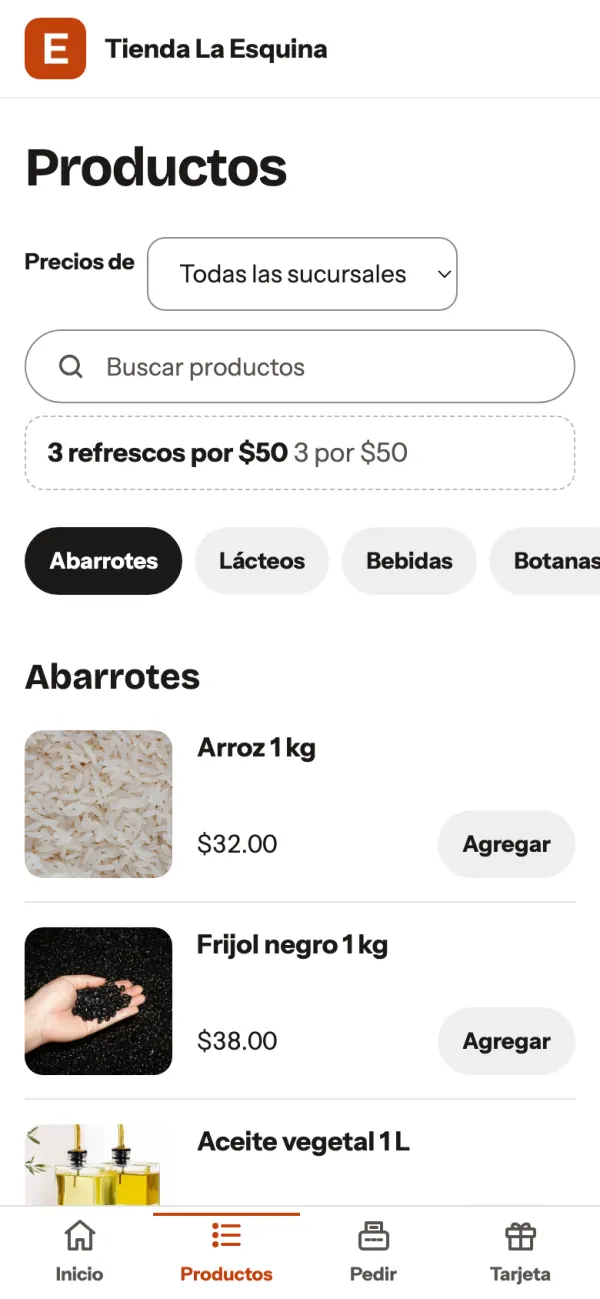 Los productos de Tienda La Esquina en el teléfono: precios por sucursal, la promoción 3 refrescos por $50 y abarrotes con foto.