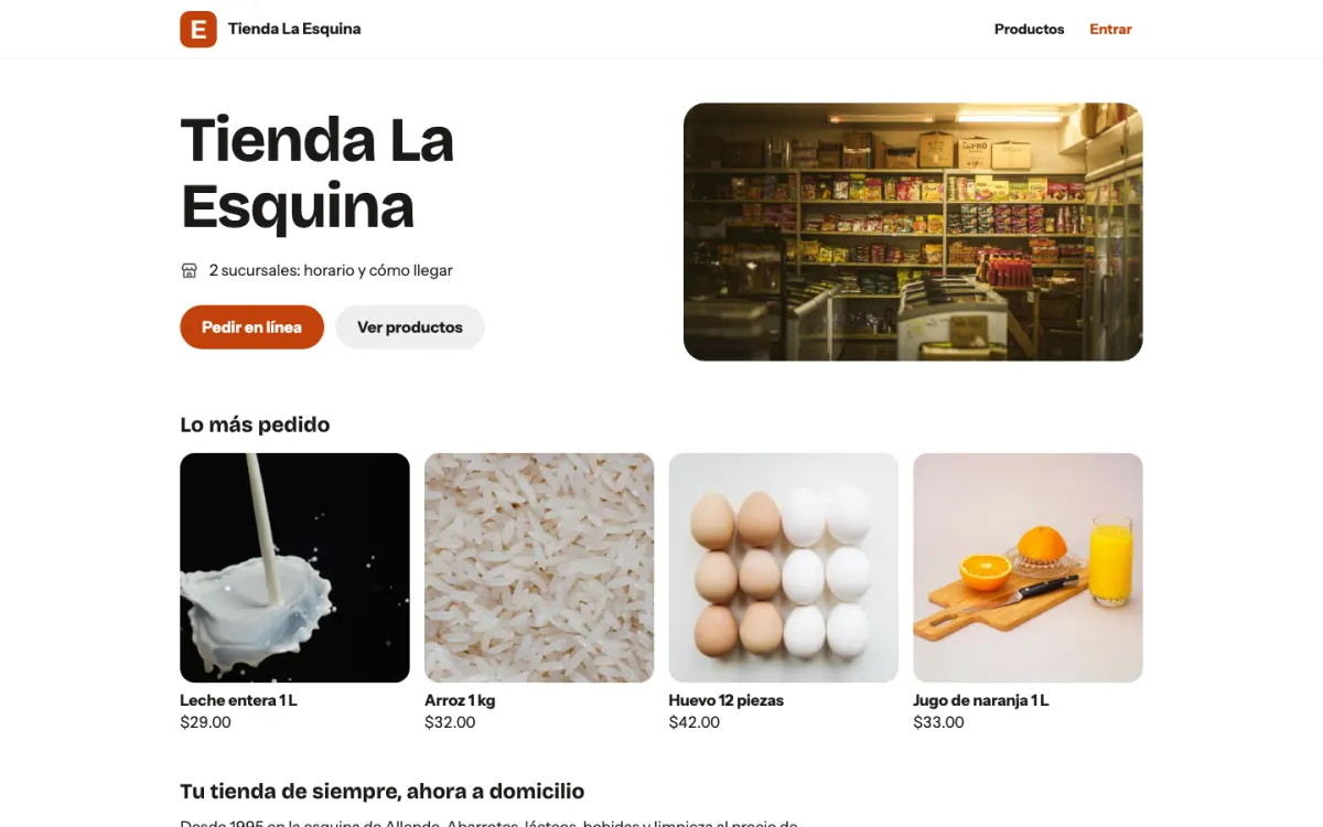 El sitio de Tienda La Esquina con el botón Pedir en línea y lo más pedido con foto y precio.